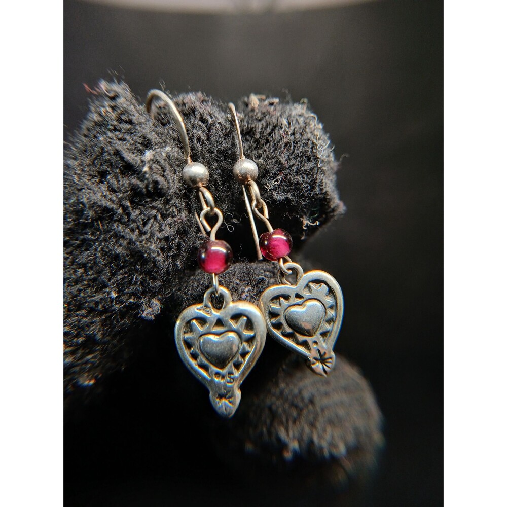Sterling Silver Garnet Heart Drop Earrings S925 Southwestern Style Dangle